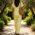 thumbnail image 4 of Women's Linen Cotton 2 Piece Pants Sets Dressy Front Twist Knot Short Sleeve Blouse Wide Leg Business Casual Outfits Yellow M, 4 of 4