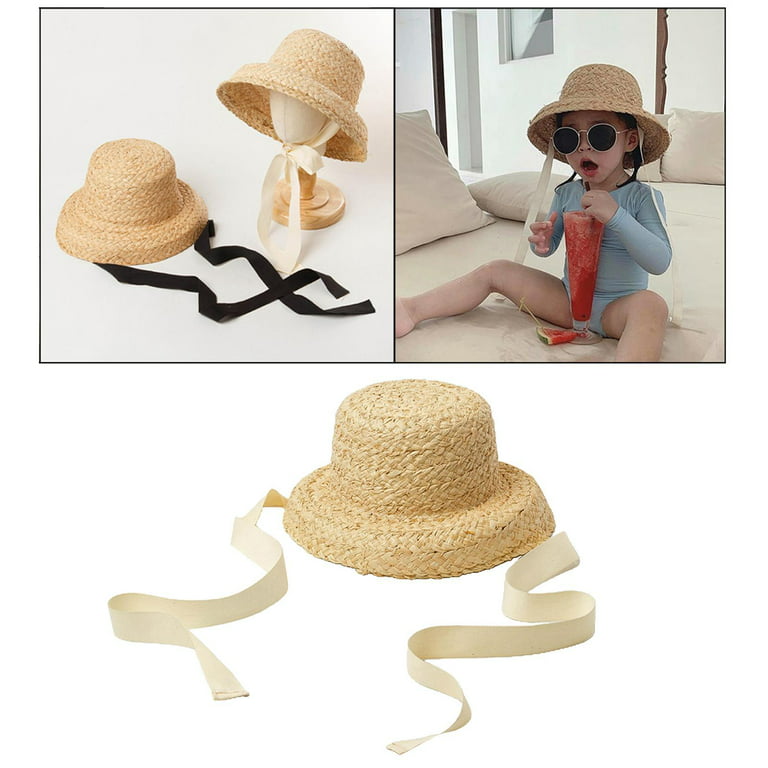 Fashionable Kids Straw Hat Wide Brim, Sun Eaves Travel Sun Hat W/  Adjustable Tie, Sun Protection Flat Top Children Travel Outdoor White Tie 