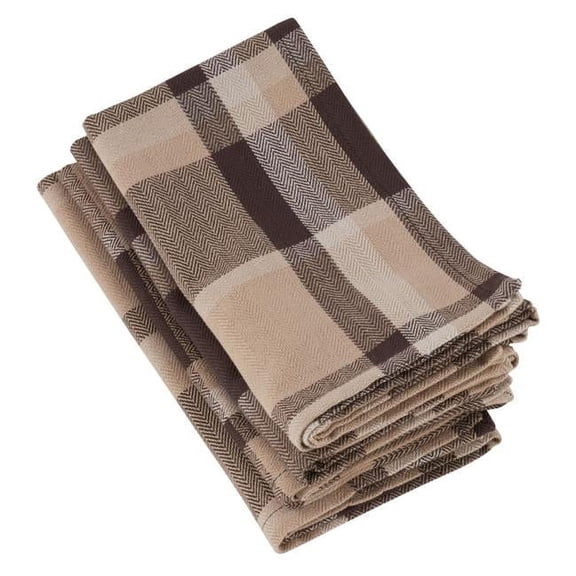 SARO 20 in. Square Brown Plaid Design Cotton Napkins - Brown Set of 4