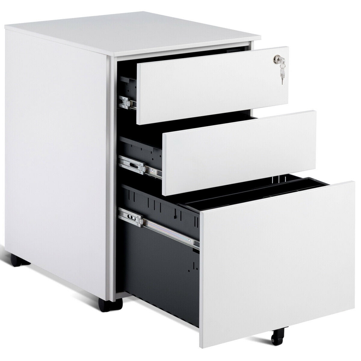 Fully Assembled COSTWAY Filing Cabinet Lockable Premium Steel Document Pedestal for Office and Home 3 Drawers Mobile Cabinets for A4 Paper Anti-tilt Design Except Casters White 