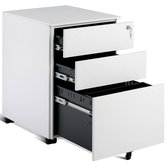Costway 3 Drawer Filing Cabinet Locking Pedestal Under Desk Home Office W/Wheels White