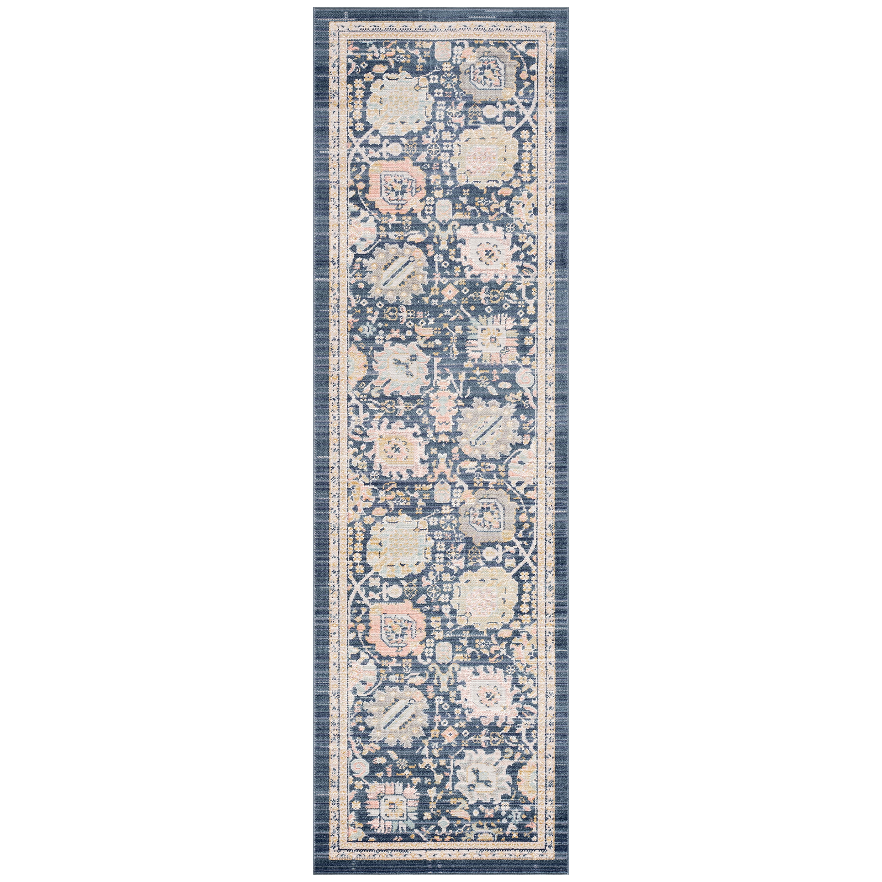 Crestwood Traditional Oriental 2'3'' x 7'7'' Navy and Aqua Polyester Indoor Runner Rug, 2'3'' x 7'7''