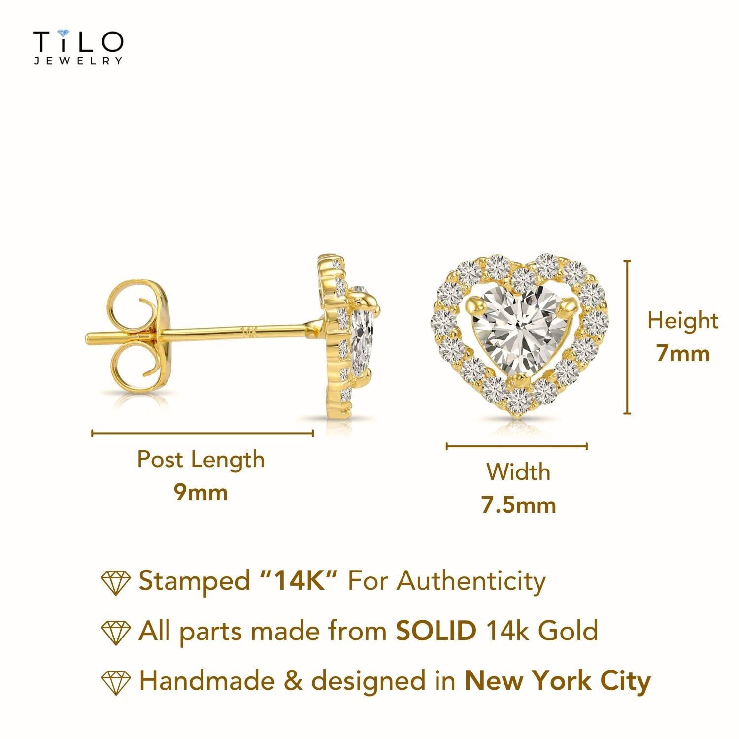 Tilo Jewelry 14K Yellow Gold Heart Halo Stud Post Earrings with Cubic Zirconia CZ Stones | Secure Push-Backs | Classic Everyday Earrings for Women & Unisex