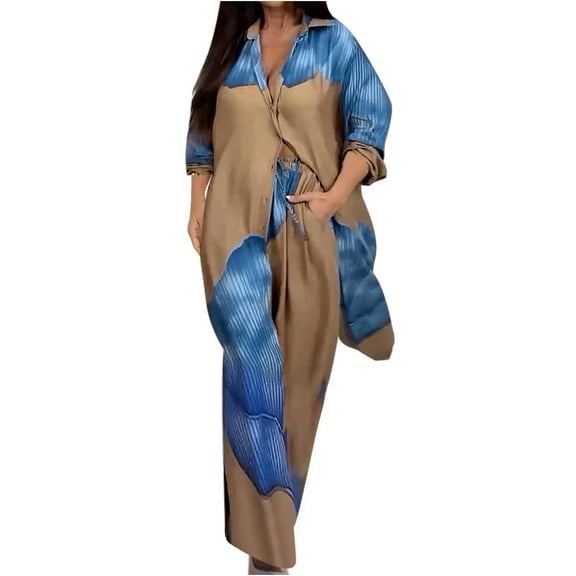 Fesfesfes Women's Patchwork Two-Piece Set Casual Turndown Collar Roll-Up Long Sleeve Full-Length Shirt Loose Long Pants for Casual Wear(Khaki,XL)