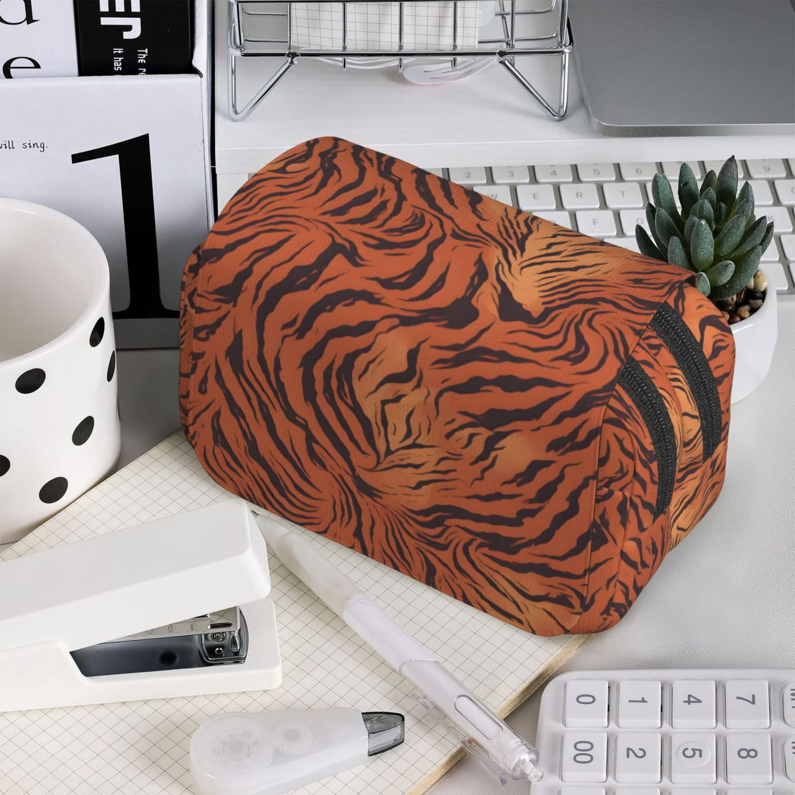 Large-Capacity Flip-Top Double-Layer Pencil Case, Multi-Functional Pocket Pen Case, Durable Stationery Organizer Tiger Print Style Darkred_1
