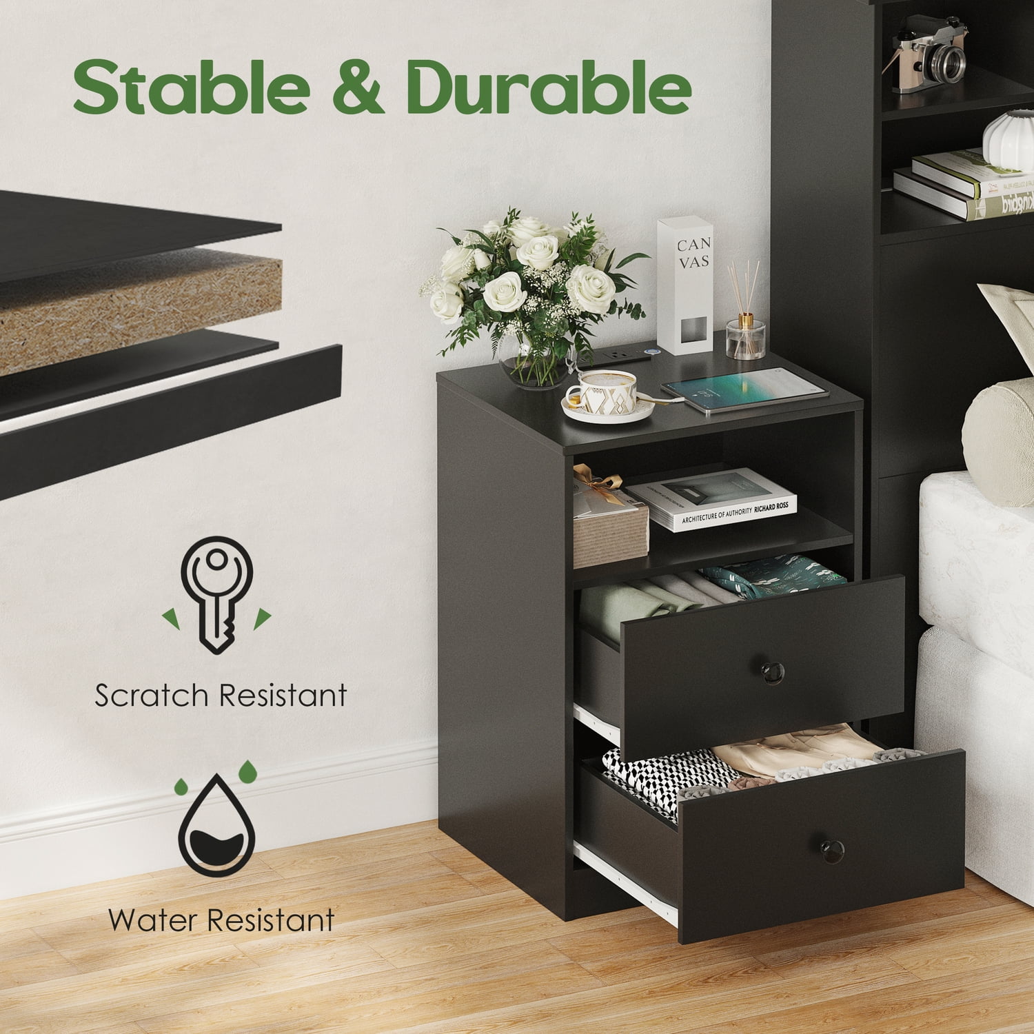 Someet LED Nightstand with Charging Station and 2 USB Ports, End Tables with 2 Storage Drawers for Bedroom Living Room, Black