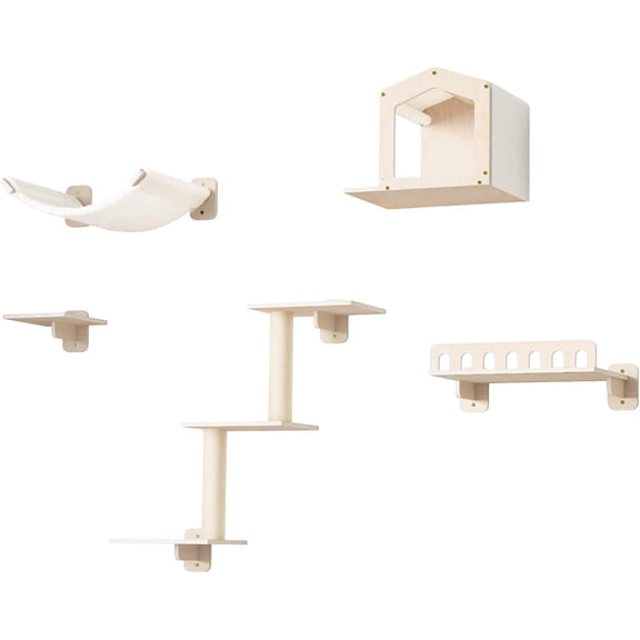 Cat Wall Shelves for Large Cats, 5-in-1 Cat Wall Furniture with Large Hammock and Wide Perch, Wooded Wall Climbing Furniture Set for Indoor Cats