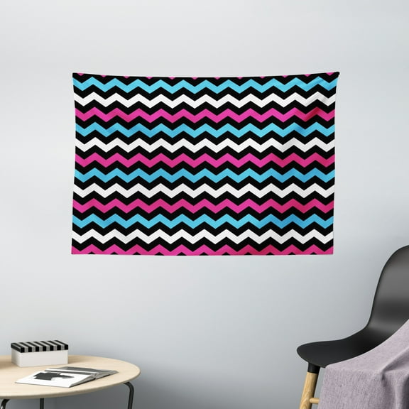 Modern Tapestry, Colorful Zigzag Twisty Bands Winding Abstract Chevron Tiles Geometric Print, Wall Hanging for Bedroom Living Room Dorm Decor, 60W X 40L Inches, Pink Sky Blue Black, by Ambesonne