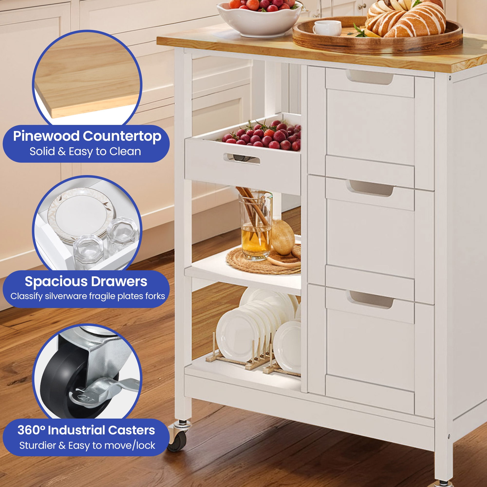ModFusion 33” Rolling Kitchen Island Cart, 3 Drawers, 3-Tier Storage, Portable Utility Cart for Home & Dining Room