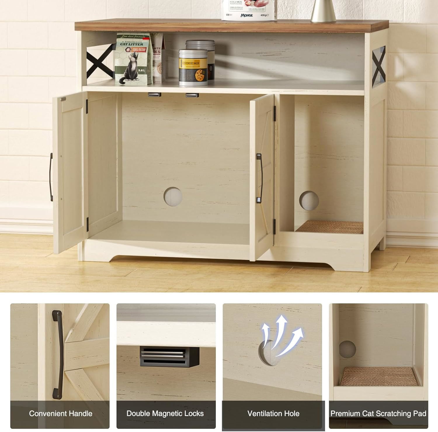 VEANERWOOD Cat Litter Box Enclosure with Cat Scratch Pad,Hidden Cat Washroom Furniture with Entry Open Compartment,White