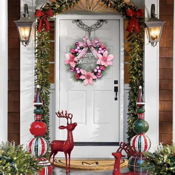 Mecorevxz Christmas Flower Wreath Door Hanging Wall Hanging Rattan Wreath Atmospheric Scene Decorations Strobiles Handmade Imitation Bow Red Fruit Wreath,Pink