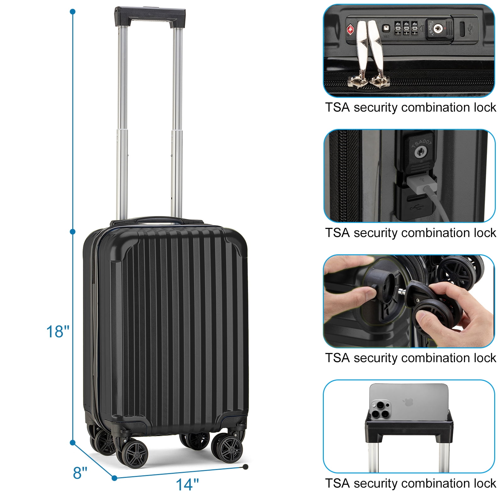 Personal Item Suitcase 18x14x8 Inches Hardside Built In TSA Lock & USB Port Lightweight Luggage With Removable Silent Wheels Underseat Carry-On Bag For Spirit and Frontier and More (Black)