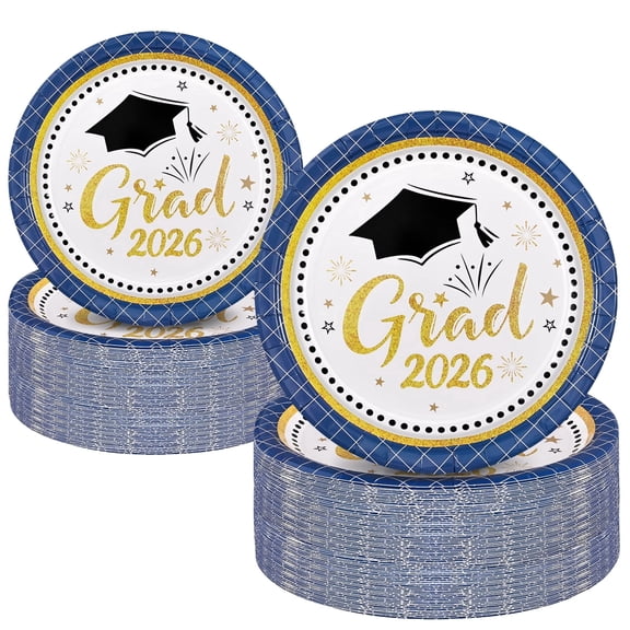 DAZLUTE 100PCS Graduation Paper Plates Disposable Party Supplies of 2026 for College Birthday Party Favors Blue Gold