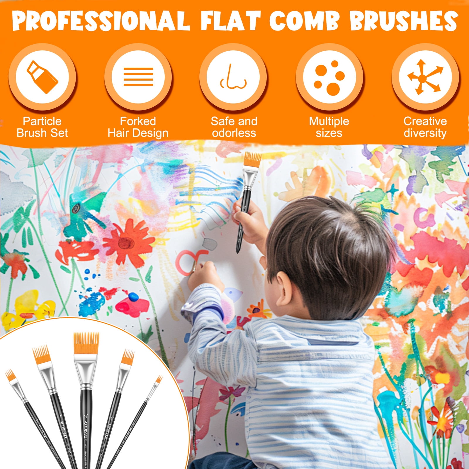 Ikoopy 5Pcs Grainer Painting Brush Set Multi Size Professional Unique Texture Flat Comb Brush for Watercolor Acrylic Gouache Oil Paint Artist