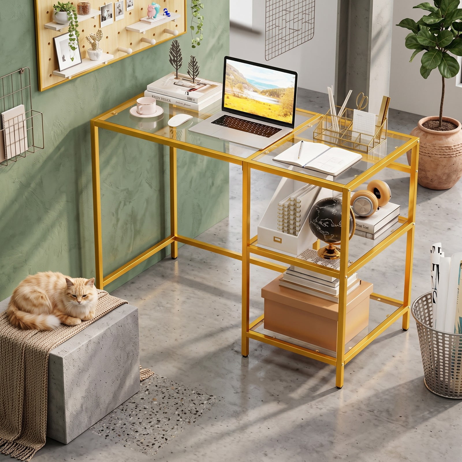 Furnibear Modern Console Table with Tempered Glass Top and 2 Open Shelves and Rust-Resistant Metal Frame for Entryway, Golden