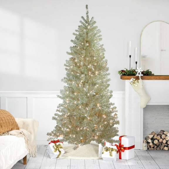 Northlight Pre-Lit Silver Champagne Artificial Metallic Tinsel Christmas Tree - 6' - Clear Lights