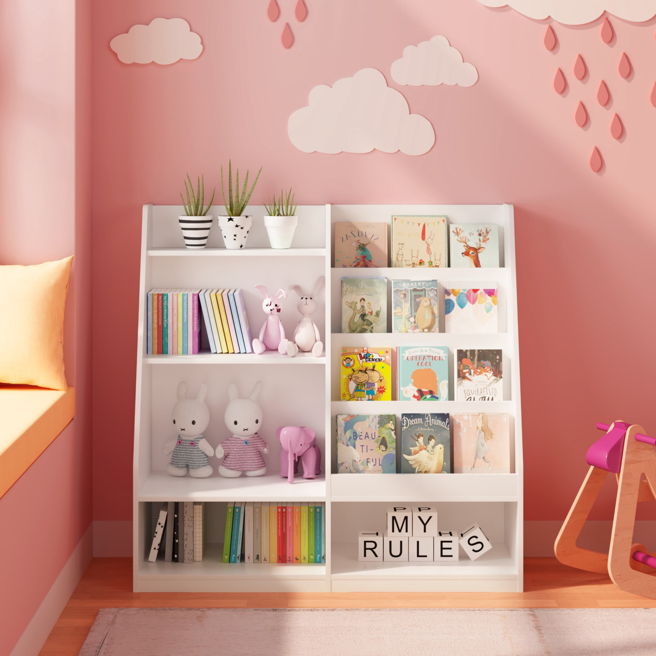 Noble House Kids Bookshelf, Toy Storage Organizer, 4-Tier Wooden Bookcase Display Stand, Kids Room, Playroom, White