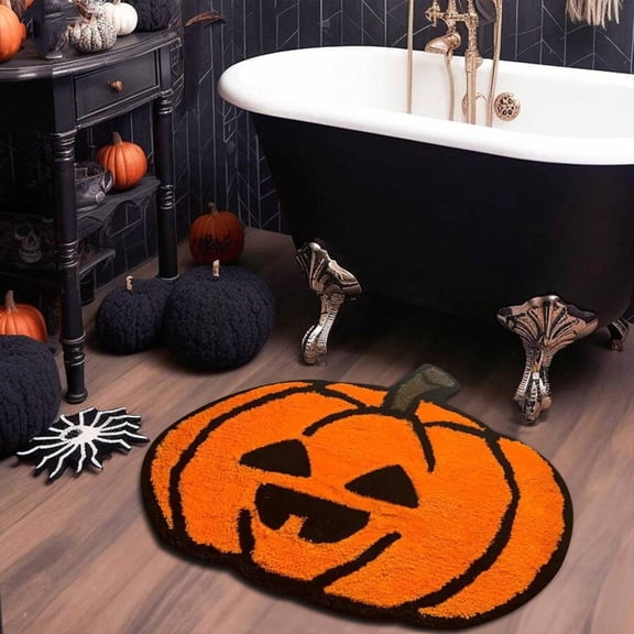Deeceymbur Imitation Pashmina Bath Mat Halloween Pathway Markers - Absorbent Non-Slip Pumpkin Rug for Bathroom Door Decor