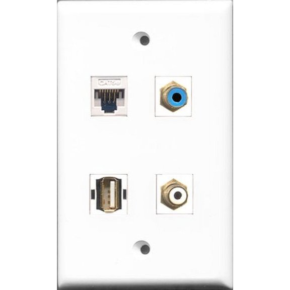 RiteAV 1 Port RCA White and 1 Port RCA Blue and 1 Port USB A-A and 1 Port Cat5e Ethernet White Wall Plate