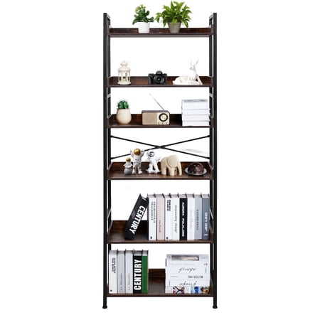 VEVOR Industrial Bookshelf 6-Tier Vintage Ladder Shelf Bookshelves and Bookcases with Metal Frame Book Organizer with Open Shelves for Living Room Bedroom Kitchen Home Office Rustics Brown