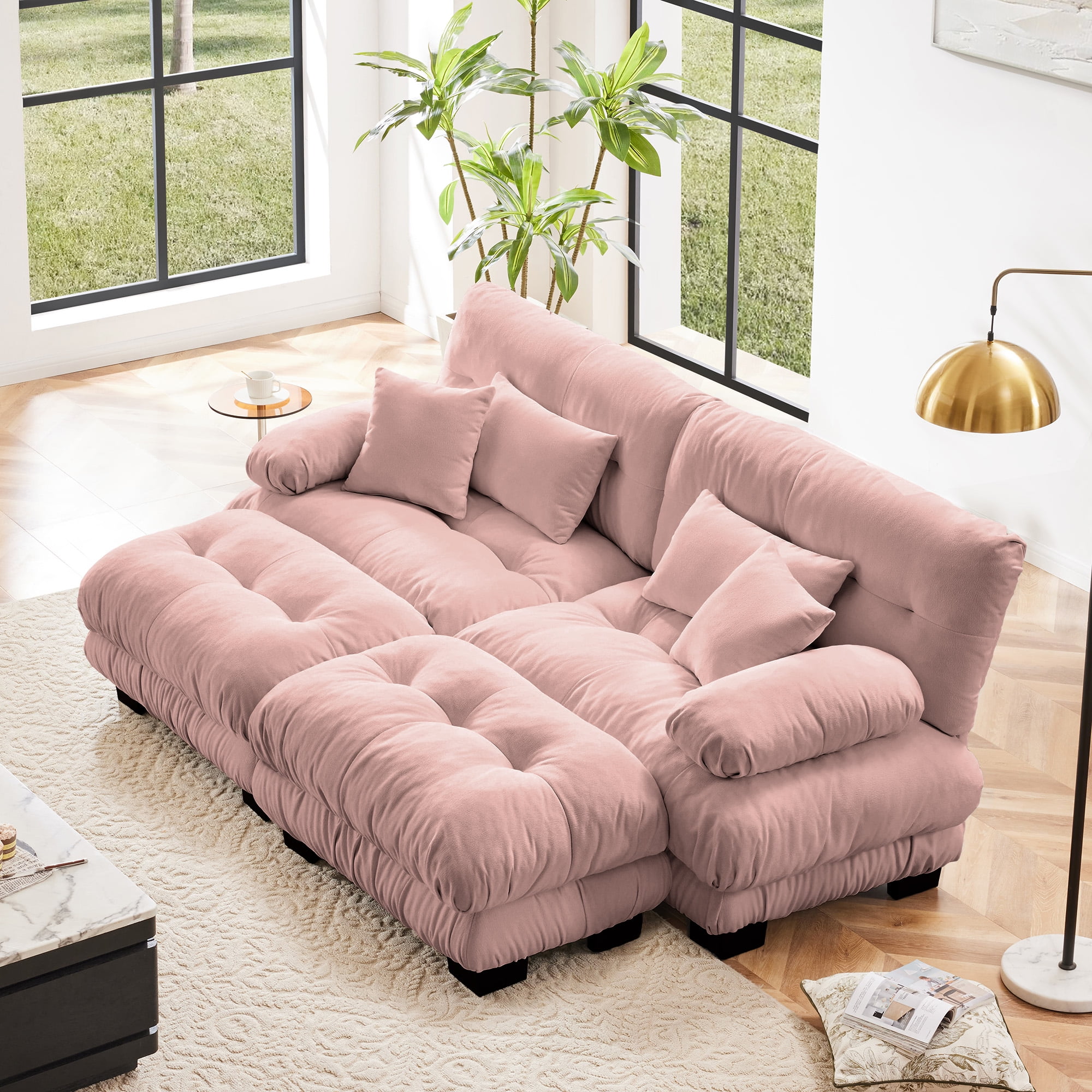Gewnee Pink Cloud Chenille 2 Seater Sofa Couch with 2 Ottomans and