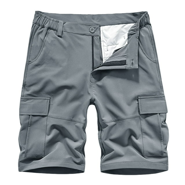 Penkiiy Men Casual Solid Zipper Button Pockets Elastic Waist Cropped Cargo Shorts M Silver