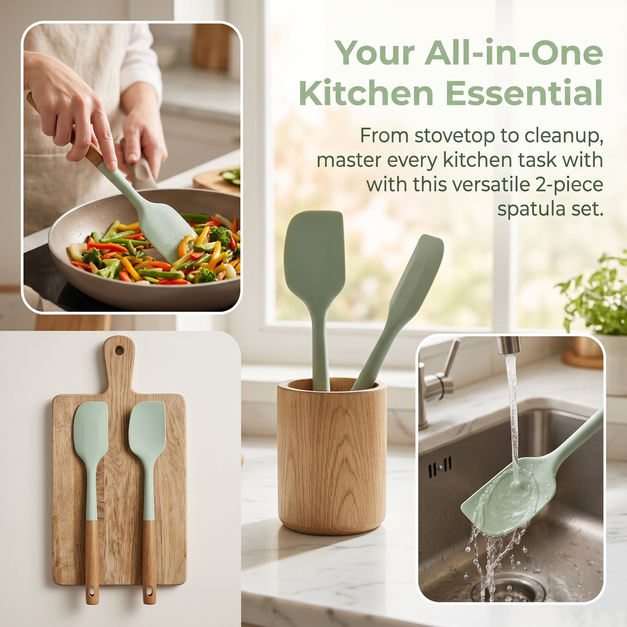 Unique Bargains Silicone Spatula Set, Kitchen Utensils with Tools Green 13.4x2.4x0.8 inch