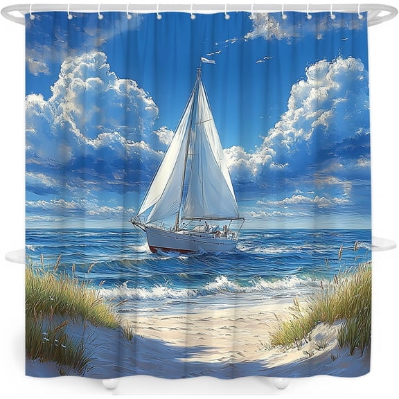 Ocean Sailboat Shower Curtain, Coastal Watercolor Seascape Waterproof Bathroom Curtain with Hooks, Nautical Beach Bathroom Decor 36"W x 72"H