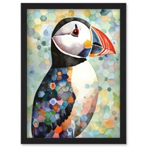 Puffin Bird Portrait Pastel Colour Folk Art Artwork Framed Wall Art Print A4