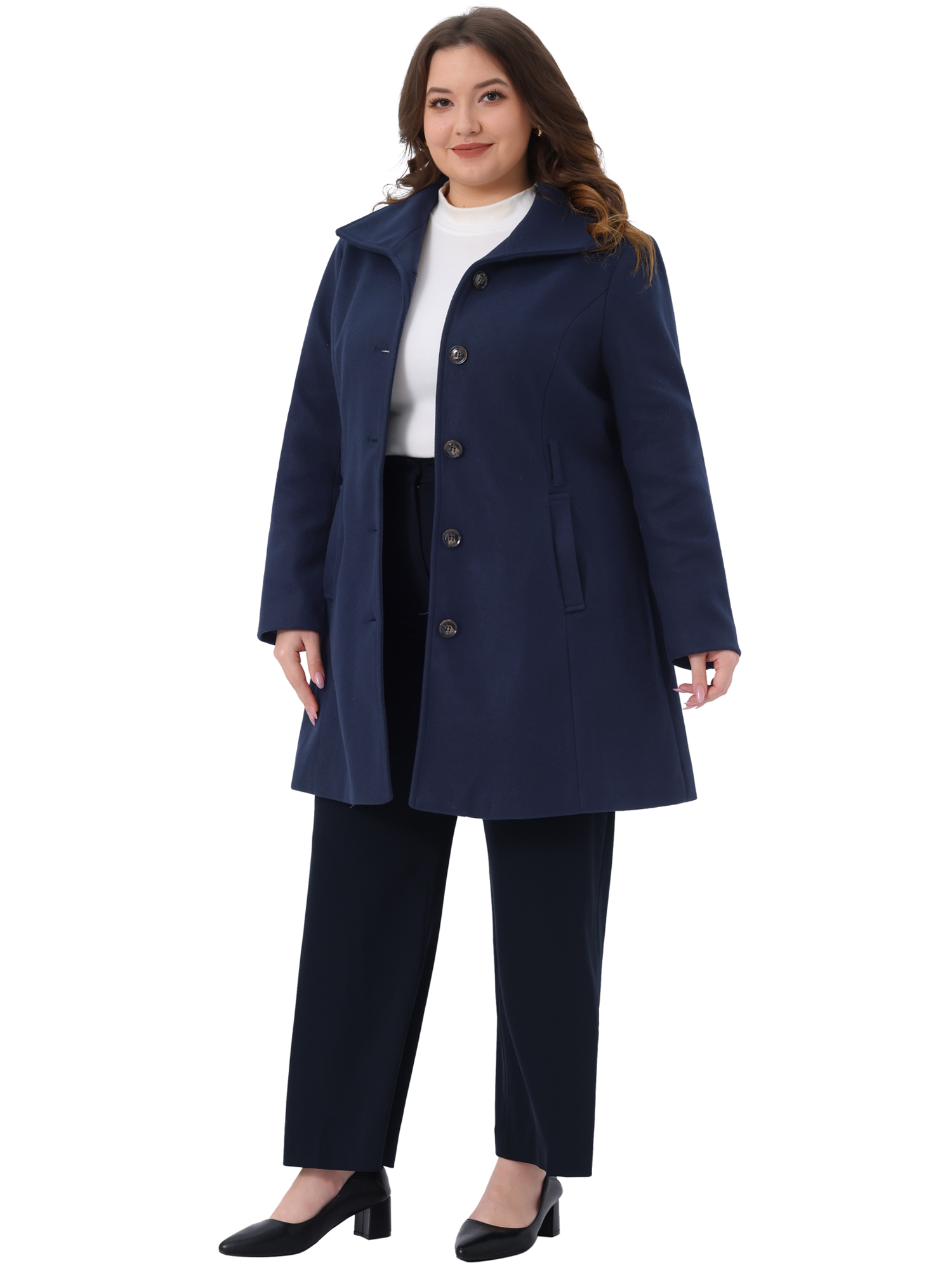 DARING DIVA Women's Plus Size Notch Lapel Single Breasted Peacoat with Belt 1X Navy Blue