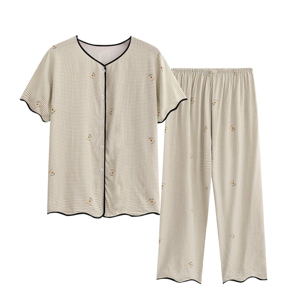 Conjunto de Dos Piezas para las Mujeres de Verano Casual Manga Corta Cuello Redondo Y Pantalones, Algodón Seda Pijama Conjunto