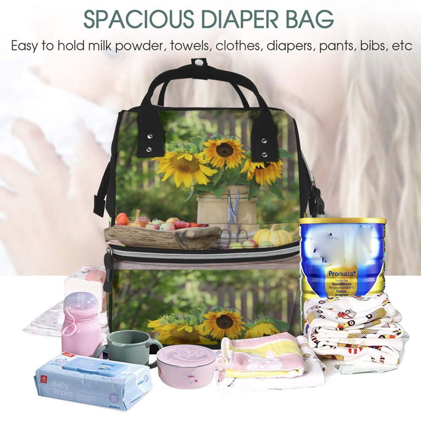 Fuzoiu Vintage Wooden Bucket Print Diaper Bag Backpack,Baby Essentials Travel Tote,Multi function Waterproof Diaper Bag, Travel Essentials Baby Bag - Unisex