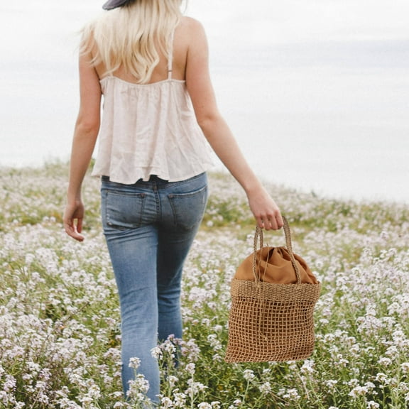 LULULION 1Pc Weaving Handbag Light Brown Straw Break Resistance Women Outdoor Activities Party