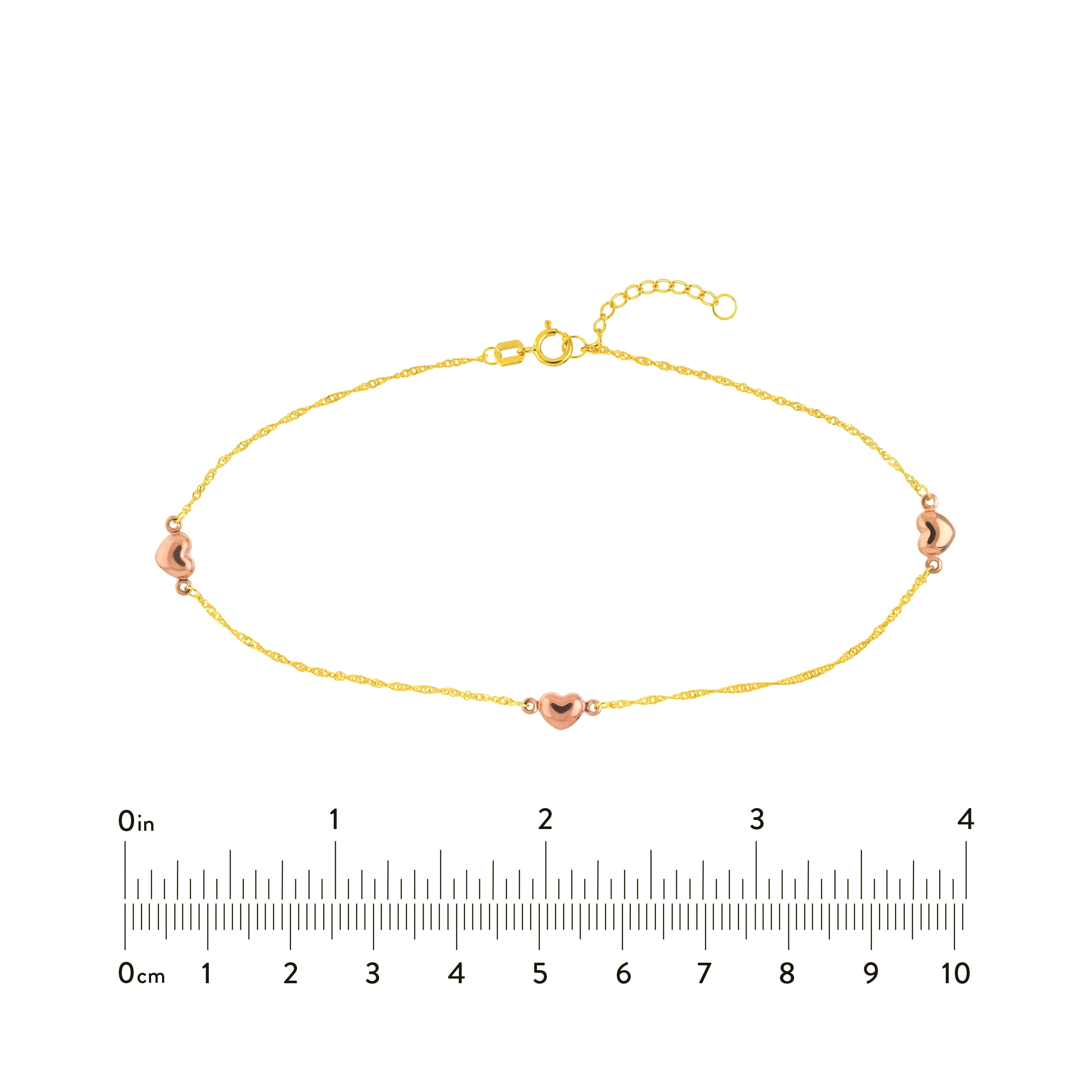 14K Two-Tone Gold Women's Adjustable 9"-10" Anklet with 3 Pink Hearts