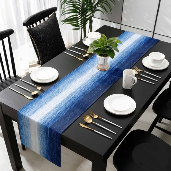 Blue White Ombre Cotton Linen Long Table Runner 13 x 108 inch Gradient Abstract Gradient Texture Non-slip Rectangular Dining Table Decor for Wedding Party Holiday Dinner