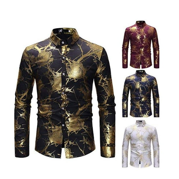 Hemiks - Mens Hipster Gold Rose Printed Slim Fit Long Sleeve Dress ...