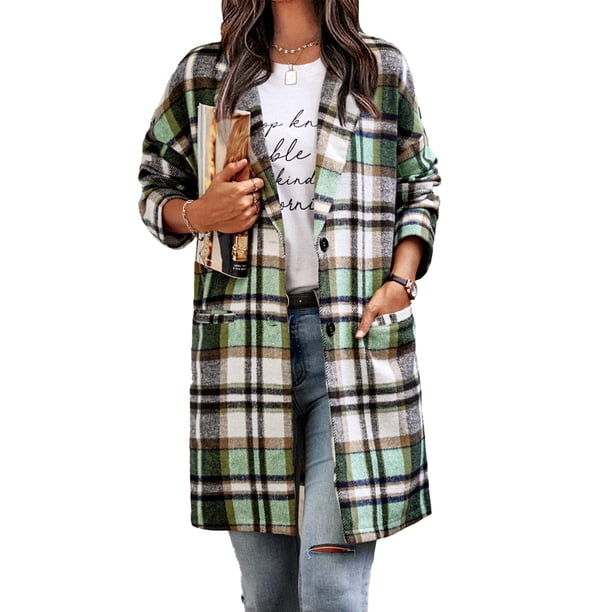Abrigo PRETTYGARDEN Shacket Grande de Mezcla de Lana a Cuadros Verde
