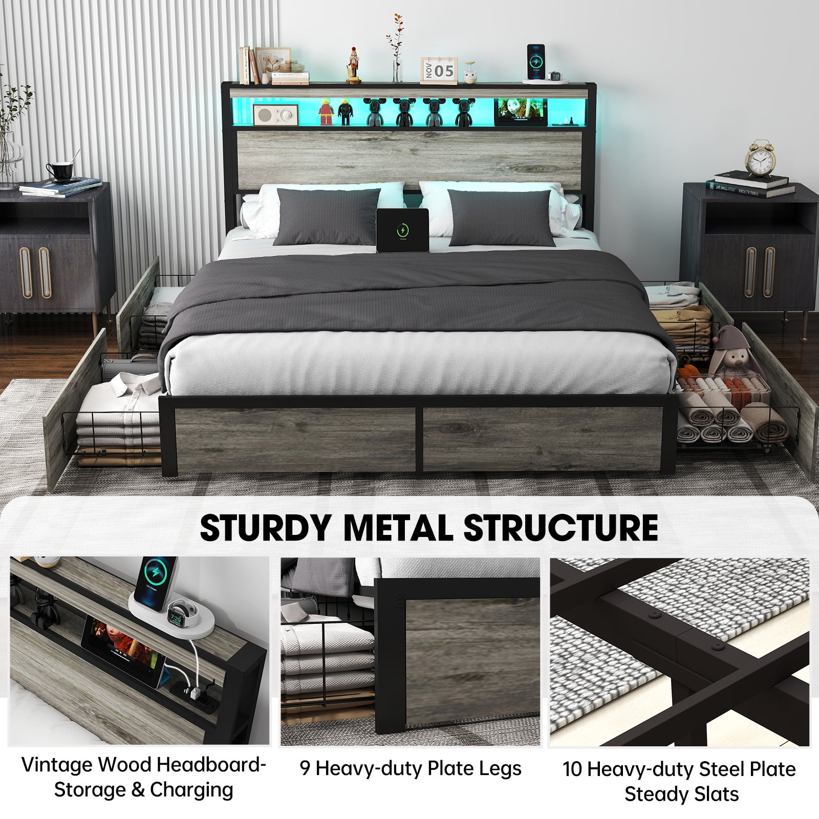 DRNANLIT Full Size Bed Frame with Storage Headboard, Metal Platform King Bed Frame Wood with 4 Drawers, LED Light, Charging Station, No Box Spring Needed, Noise Free,Grey