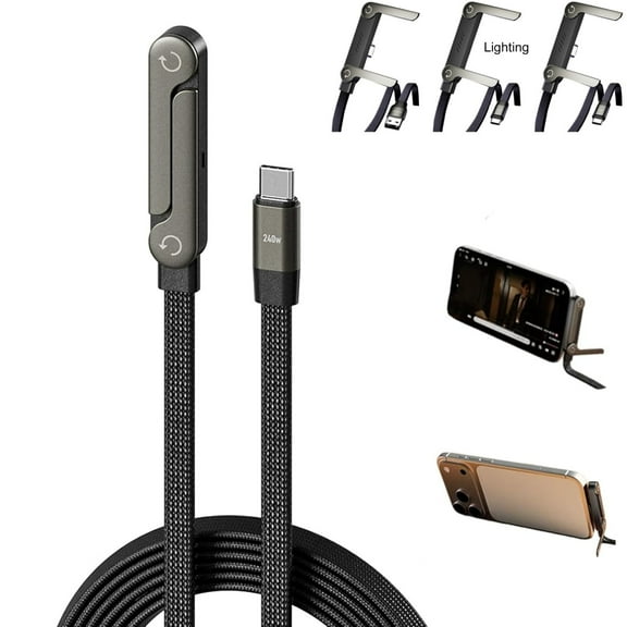 2 in 1 240w Type-C to Type-C Charge Cable with Invisible Holder, 1.5m Fast Charging Cable with Folding Phone Stand for Smartphones/Tablets