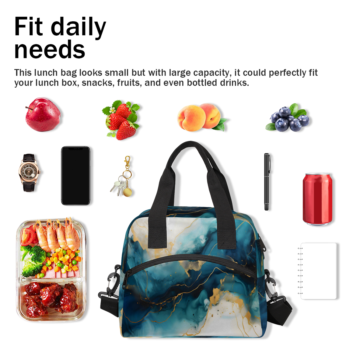 Herdesigns Dark Blue Marble Insulated Lunch Bag for Women Men Adults Large Reusable Lunch Box Leakproof Portable Cooler Tote Bags with Adjustable Shoulder Strap