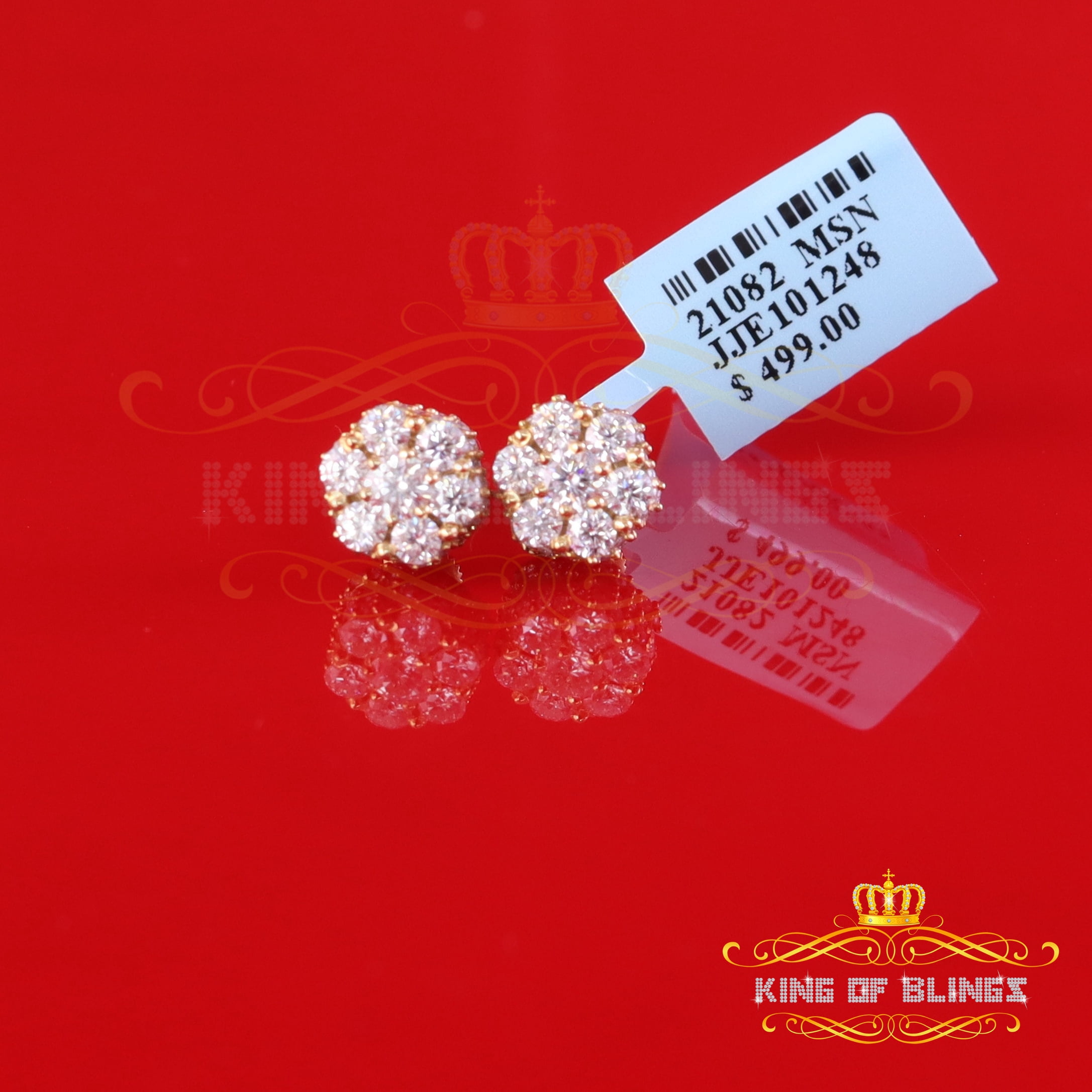 King of Bling's 925 Silver Yellow 1.50ct VVS 'D' Men's & Womens Moissanite Floral Stud Earrings