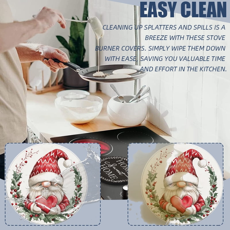 Christmas Round Electric Stove/Range Burner Cover, Red Hat Gnome with Heart Mental Durable Gas Stove Burner Covers Conceals Messy Drip Pans Set of 4 for Kitchen, 8 Inches and 10 Inches