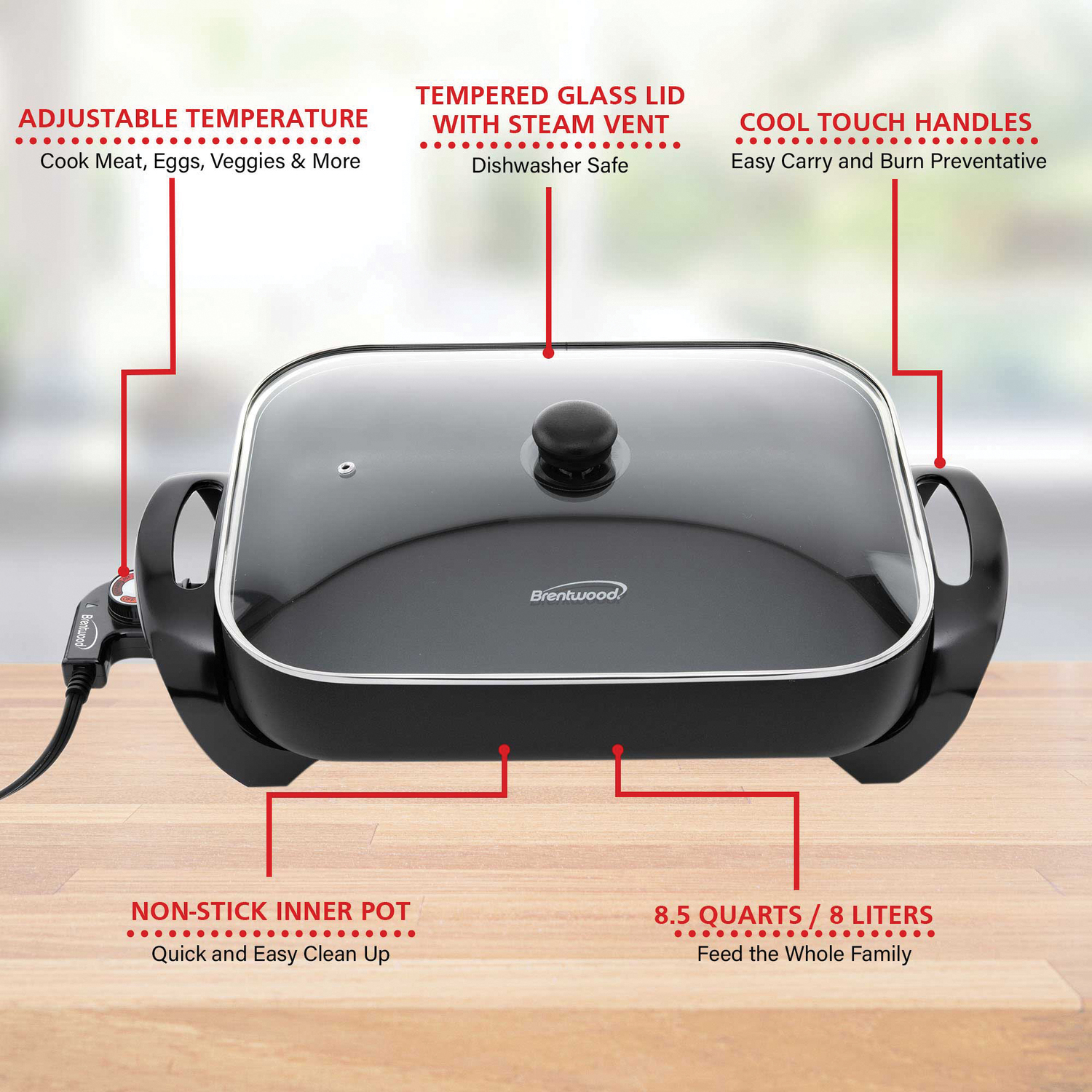Brentwood 16-In. 1,400-Watt Nonstick Electric Skillet with Glass Lid