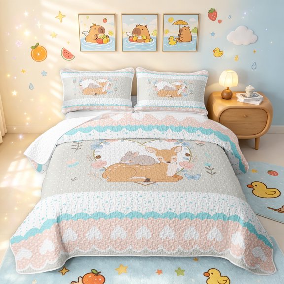 Manfei Flower Rabbit Elk Twin Quilt Set, Kawaii Cartoon Twin Coverlet Set, Gray Pink, Gray Reversible, 2-Piece, 1 Bedspread and 1 Pillowcase