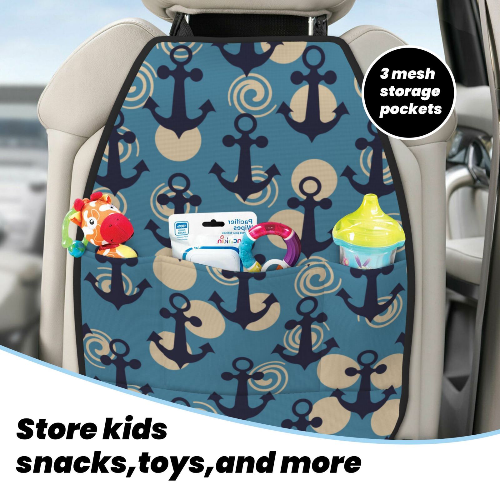 Xecao Anchors Pattern Car Seat Back Protector 2 Pack Large Capacity Pocket, Kick Mats Back Seat Protector