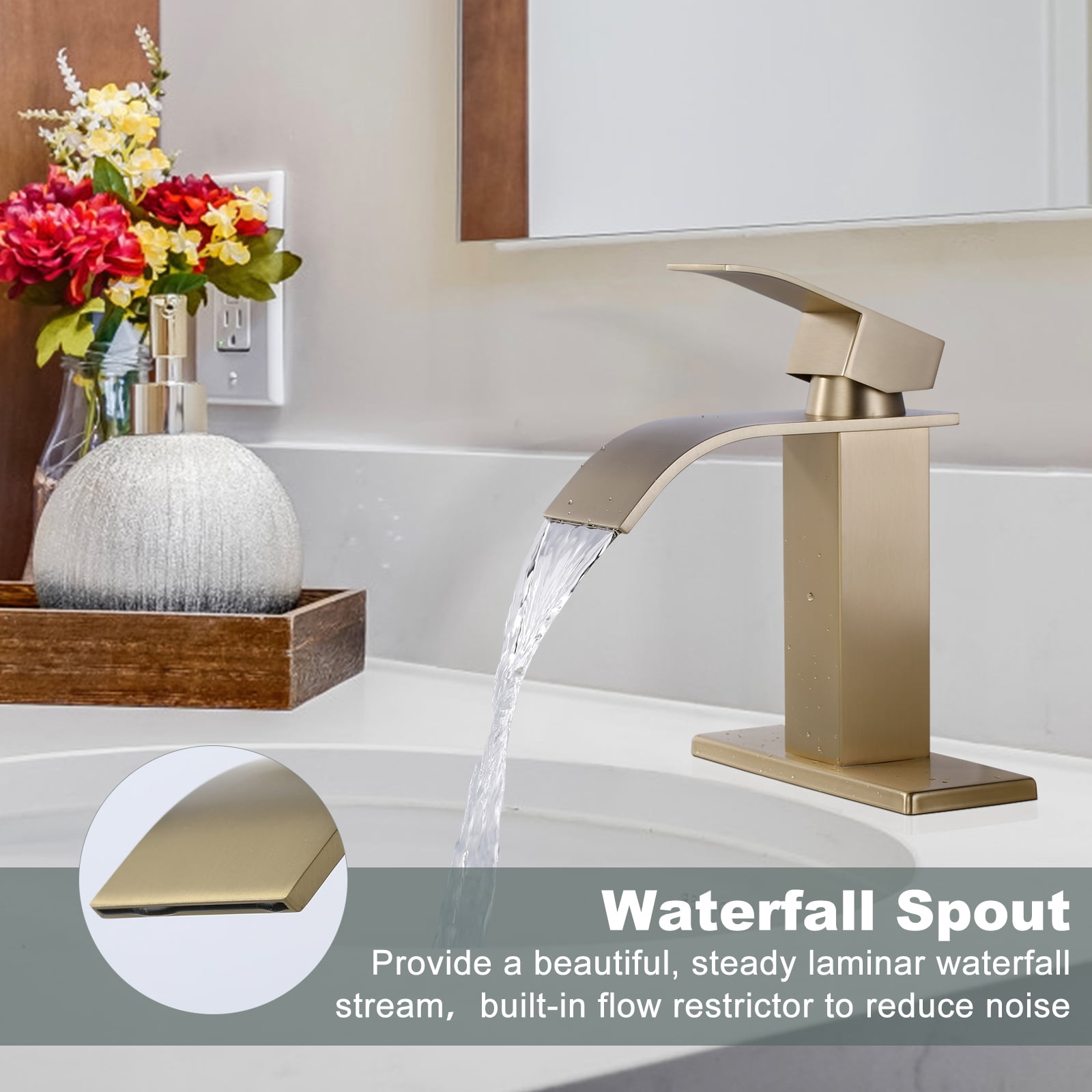Wowow Waterfall Bathroom Faucet Gold Faucet for Bathroom Sink Single Handle Mixer Tap Lavatory Vanity Faucet with Deck Plate and Pop Up Drain, 1 or 3 Hole