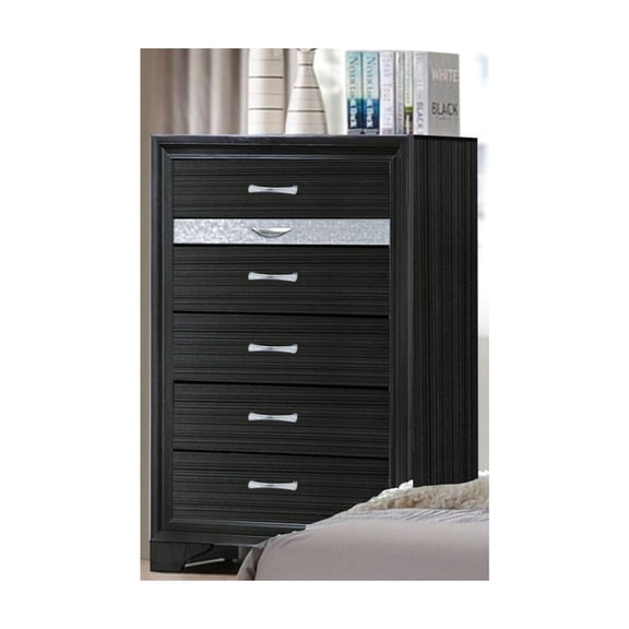Two Tone Wooden Chest With Six Drawers, Black And Silver