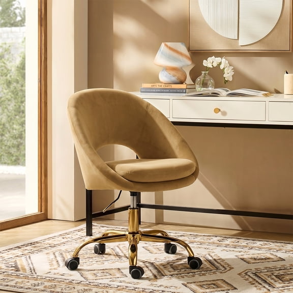 Luxury Velvet Swivel Office Chair with Gold Base, Ergonomic Rolling Executive Desk Chair for Home Office, Vanity, Study Blue