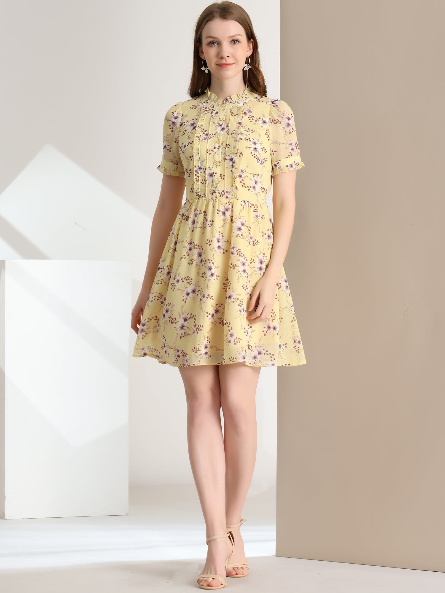 DARING DIVA Women's Ruffle Neck Button Half Placket Stylish Floral Dress M Yellow