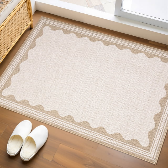 Nanan 2'x3' Scalloped Edge Area Rug, Machine Washable Low-Profile Woven Carpet, Non-Slip Soft Textured Rug for Living Room Bedroom Nursery Home Decor,Beige